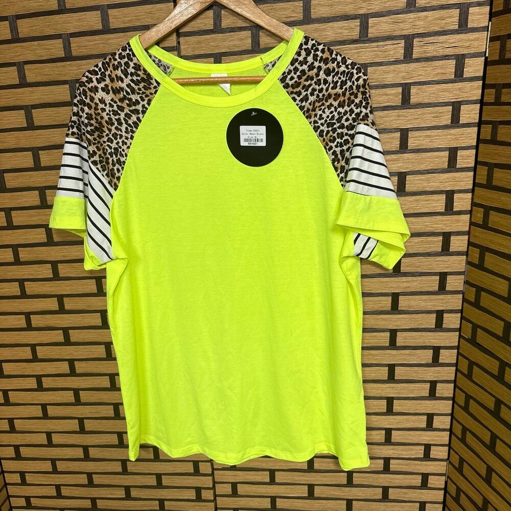 Sunshine & Rodeos Lime Green‎ And Leopard Varsity Stripe Top Size XL